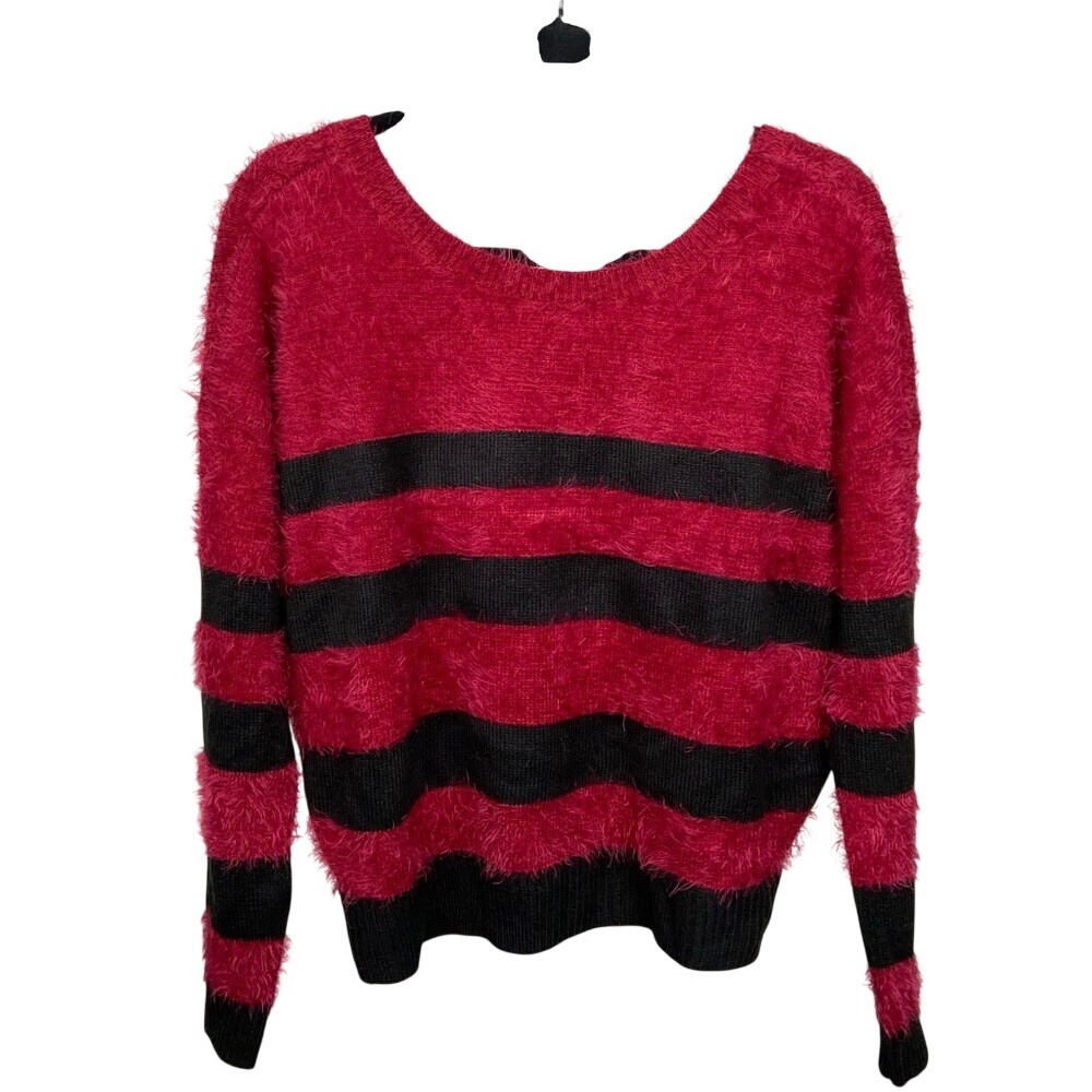 DKNY Jeans Womens Red Black Striped Fuzzy Eyelash Knit V-Neck Sweaterβ Medium